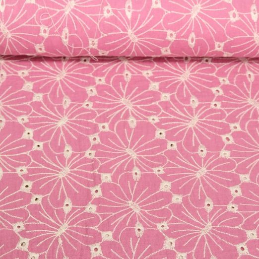 Baumwoll-Musselin - Double Gauze Blumen Bestickt Rosa