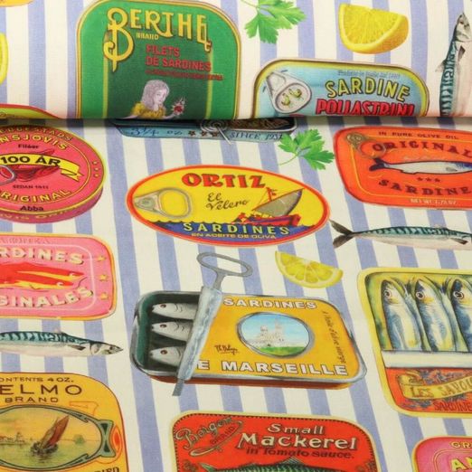 Tissu d'extérieur Hugo & Hilda - Boîtes de sardines Rayé Ecru Multicolore