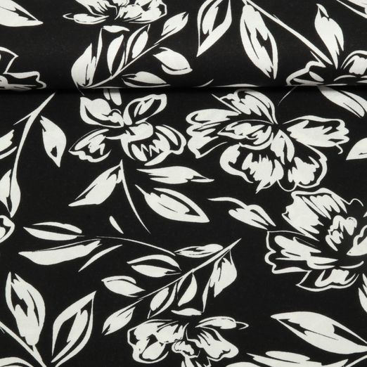 Viskosejersey - Blumen Schwarz Weiß