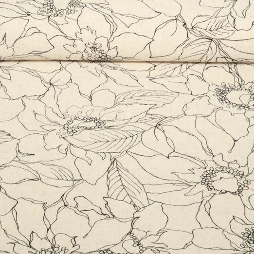 Viskoseleinen - Blumen Blätter Beige Schwarz
