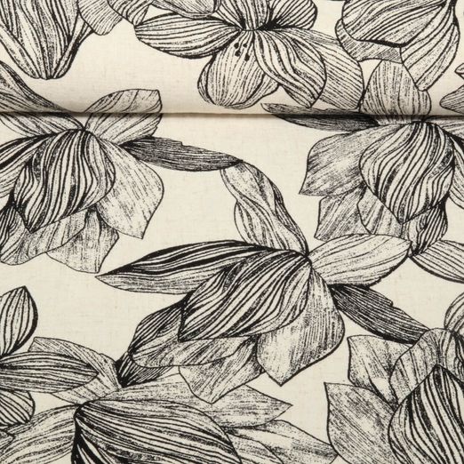 Viskoseleinen - Blüten Beige Schwarz