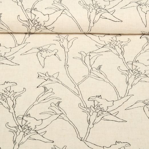 Viskoseleinen - Blumenzweige Beige Schwarz