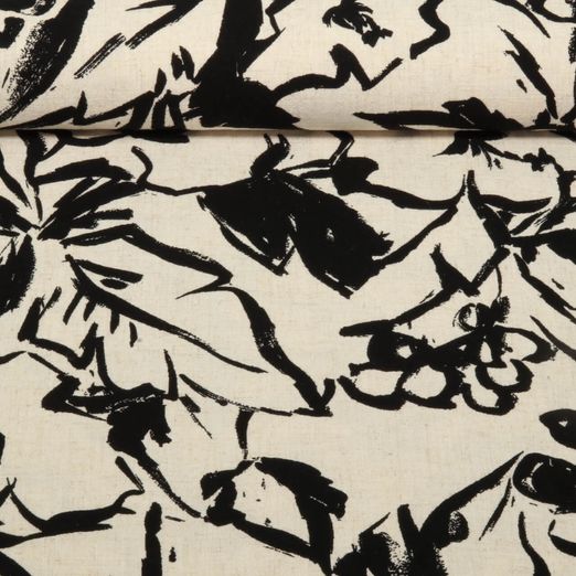 Viskoseleinen - Gemalte Blätter Beige Schwarz