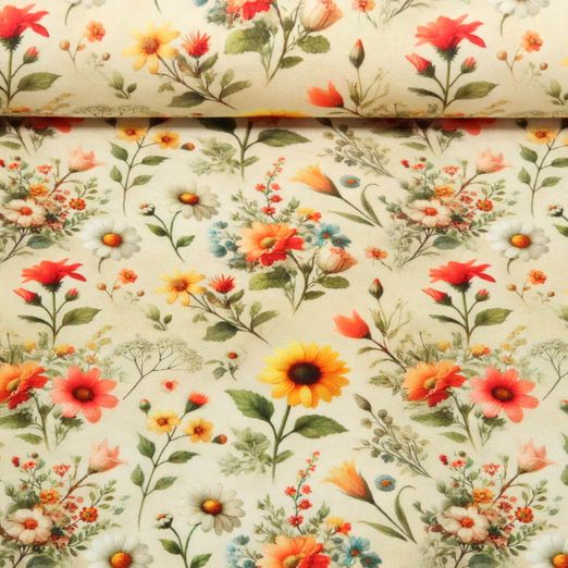 Viskosejersey - Digitaldruck Wiesenblumen Beige