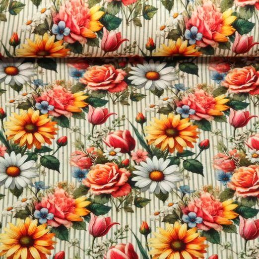 Viskosejersey - Digitaldruck Blüten Gestreift Multicolor