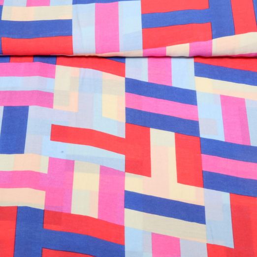 Kleider und Blusenstoff - Bunte Rechtecke Blau Multicolor