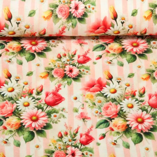 Viskosejersey - Digitaldruck Blüten Streifen Rosa