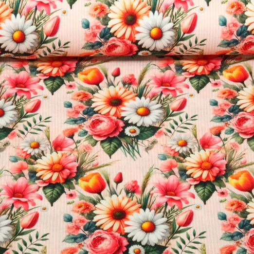 Viskosejersey - Digitaldruck Blüten Schmale Streifen Rosa