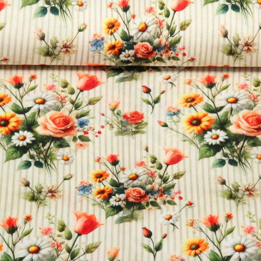 Viskosejersey - Digitaldruck Blumen Gestreift Multicolor