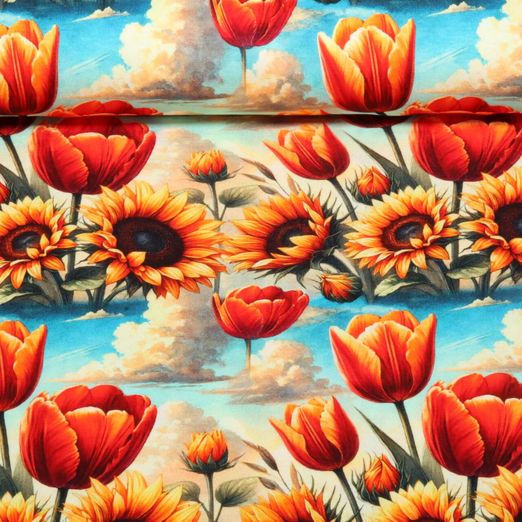 Viskosejersey - Digitaldruck Tulpen Himmel Multicolor
