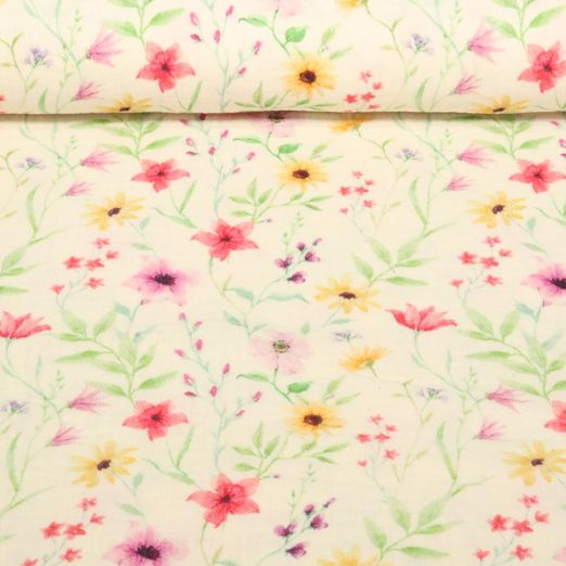 Baumwoll-Musselin - Double Gauze Digitaldruck Wiesenblumen Natur
