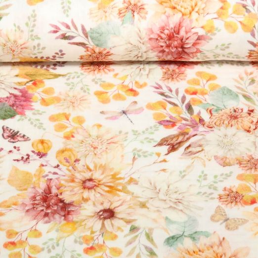 Baumwoll-Musselin - Double Gauze Digitaldruck Blumen Herbst Ecru