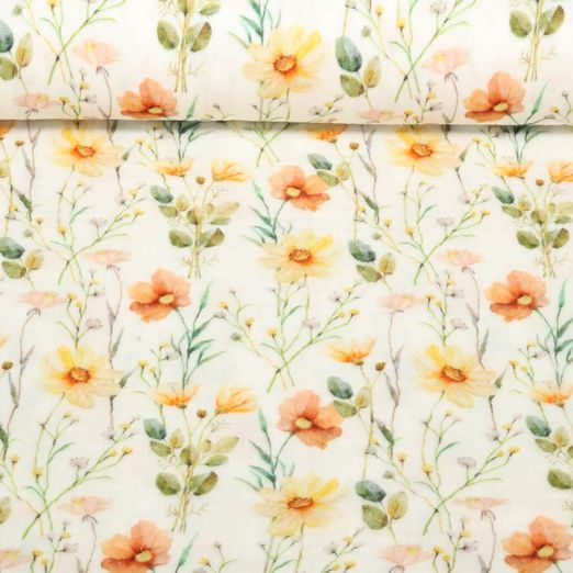Baumwoll-Musselin - Double Gauze Digitaldruck Blumen Ecru