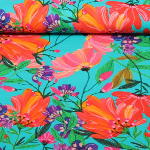 Baumwoll-Canvas - Beach Kollektion Blüten Türkis by Roeqiya Fris 