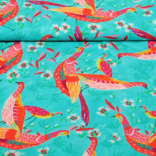 Viskose Voile - Beach Kollektion Vögel Türkis by Roeqiya Fris