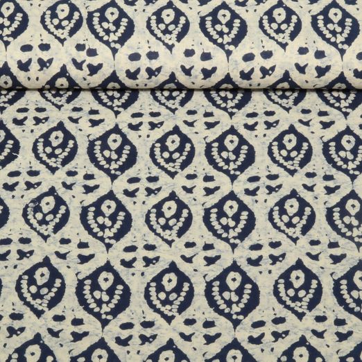 Baumwoll-Voile - Blätter Batik Ecru Indigoblau