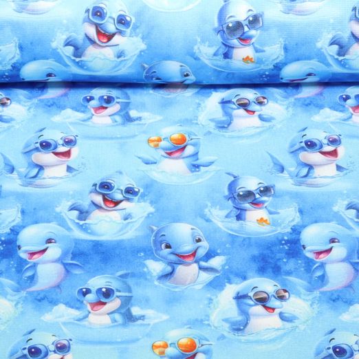 Frottee - Digitaldruck Strandtuch Delfine Blau