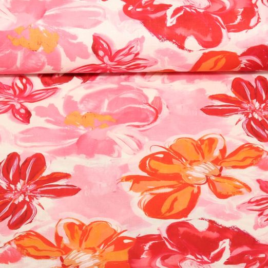 Halbleinen - Sanforisiert Gemalte Blüten Rot Rosa