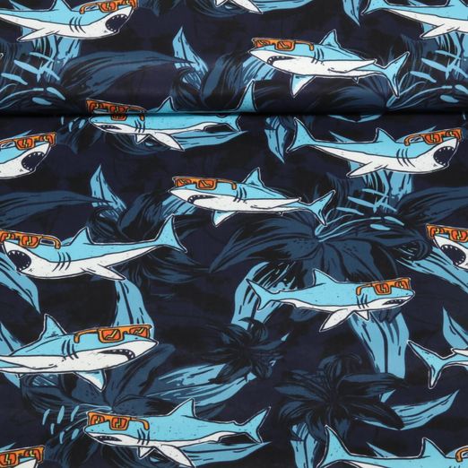 Badeshorts Stoff - Haie Navy Recycelt