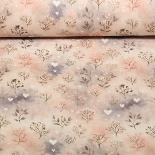Baumwoll-Musselin - Digitaldruck Gräser mit Herzen Beige