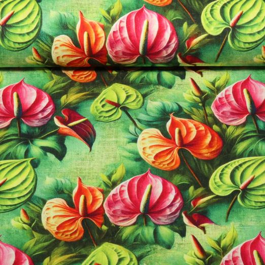 Viskoseleinen - Digitaldruck Flamingo Blumen Grün
