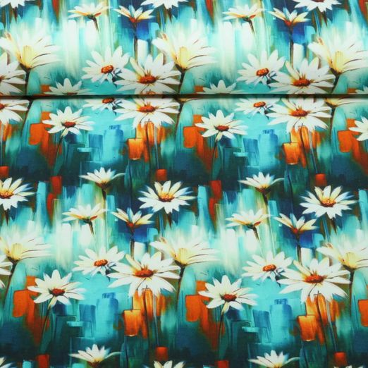 Jersey - Digitaldruck Blumen Margeriten Petrol