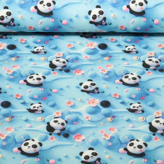 Jersey - Digitaldruck 3D Pandas Hellblau