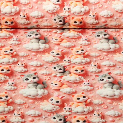 Jersey - Digitaldruck 3D Katzen und Häschen Rose