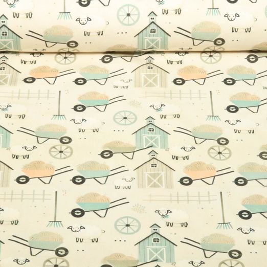 Jersey - Digitaldruck Bauernhof Beige