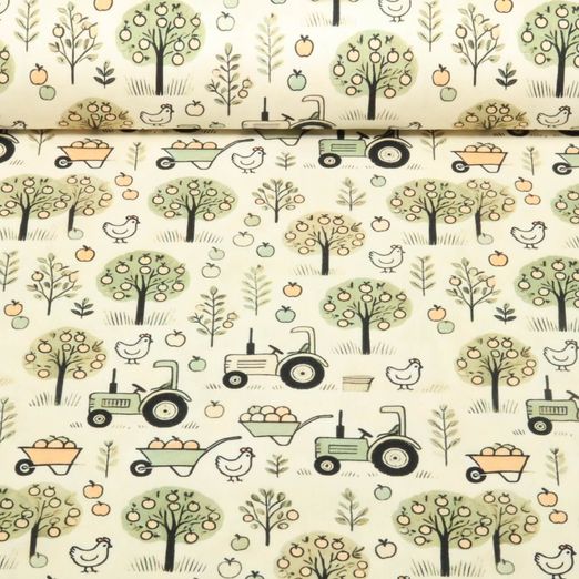 Jersey - Digitaldruck Bauernhof und Traktor Beige
