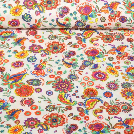 Baumwoll Webware - Blumen Boho Weiß