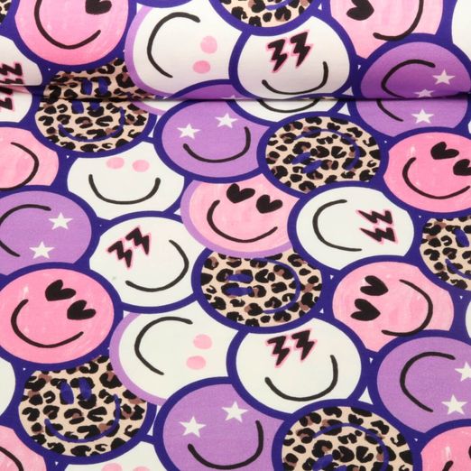 Sommersweat - French Terry Digitaldruck Smileys Leo Lila