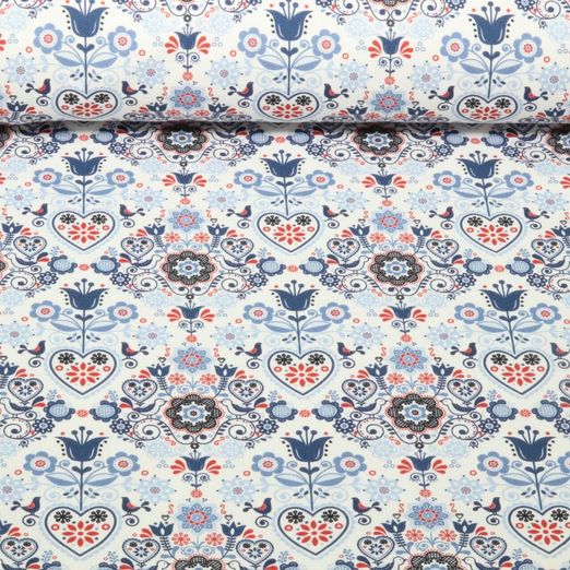 Baumwoll-Canvas - Landhaus Ornamente Ecru Hellblau