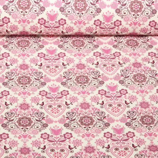 Baumwoll-Canvas - Landhaus Ornamente Ecru Rosa