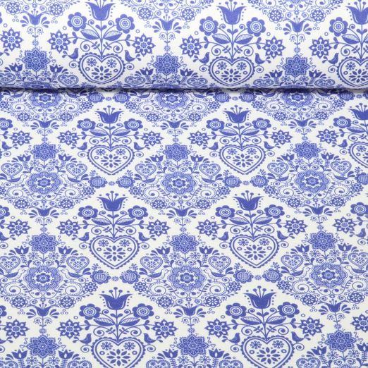 Baumwoll-Canvas - Landhaus Ornamente Ecru Tintenblau
