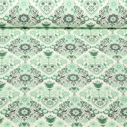 Baumwoll-Canvas - Landhaus Ornamente Ecru Grün