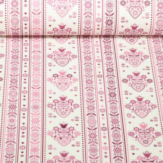 Baumwoll-Canvas - Landhaus Bordüren Ecru Rosa