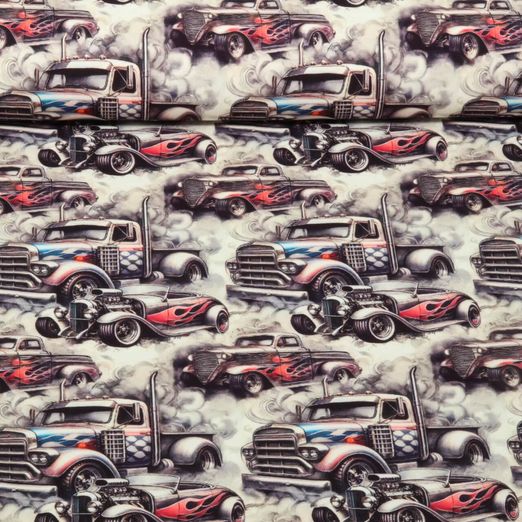 Jersey - Digitaldruck Fahrzeuge Vintage Grau