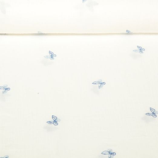 Baumwoll-Musselin - Double Gauze Bestickt Schmetterlinge Blau
