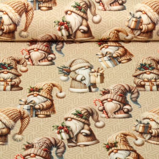 Sommersweat - Digitaldruck French Terry Weihnachtszwerge Beige