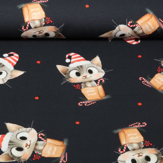 Sommersweat - Digitaldruck French Terry X-MAS Katze Navy
