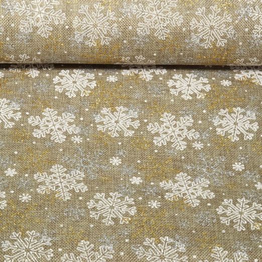 Jute Sackleinen - Bedruckt Schneeflocken Braun Gold