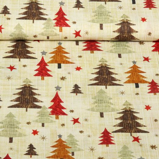 Baumwoll-Popeline - Tannenbäume Beige Rot