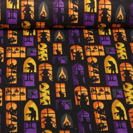 Baumwoll-Webware - Halloween Geisterfenster Schwarz