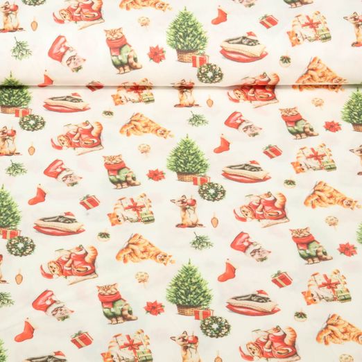 Baumwoll-Webware - Weihnachtskatzen Weiß