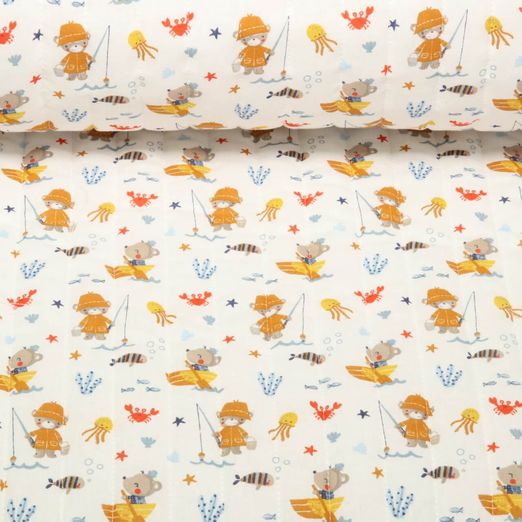 Gesteppter Stoff - Babystepp Doubleface Kleiner Anglerbär Weiß