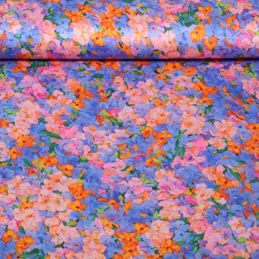Viskose-Satin - Digitaldruck Blumenmeer Blau Orange