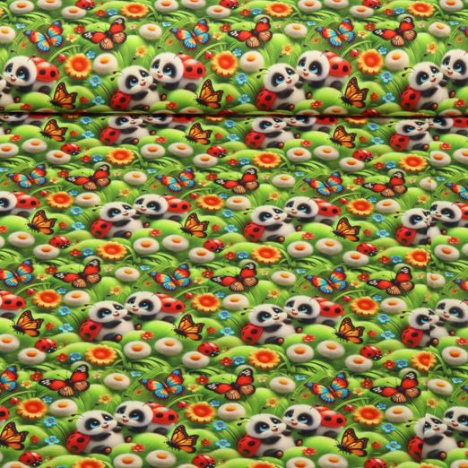 Baumwoll-Popeline - Digitaldruck Panda Käfer Grasgrün