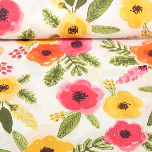 Baumwoll-Webware - Bunte Blumen Weiß