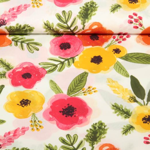Beschichtete Baumwolle - Bunte Blumen Weiß 